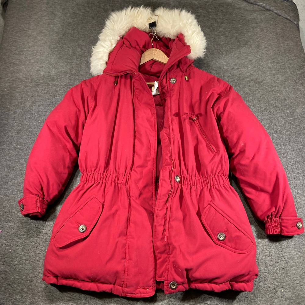Eddie Bauer Goose Down Parka Women Small Petite Red Shearling Wool Hood 24712075